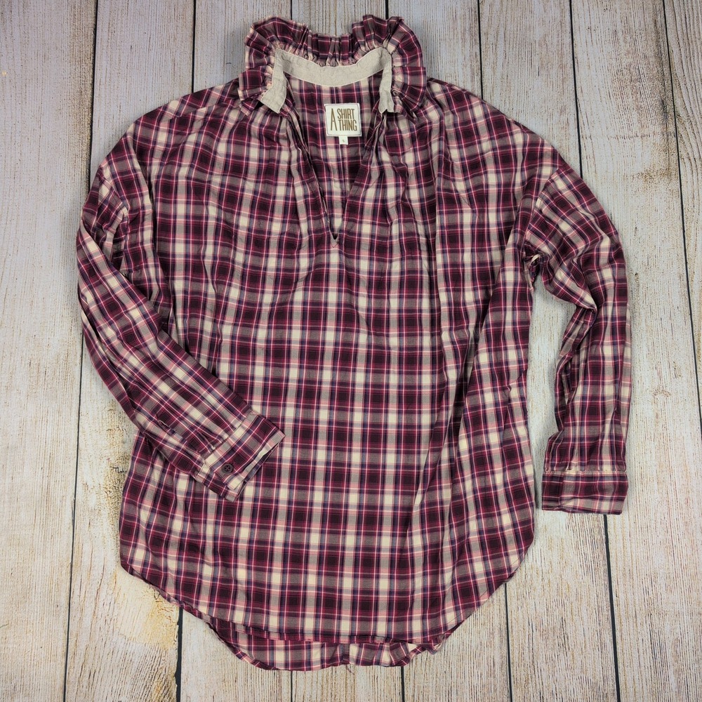 A Shirt‎ Thing Plaid Ruffle Collar Long Sleeve Top Blouse Small